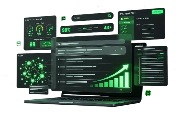Web development and design process shown on a computer screen with an analytics dashboard, coding interface, and UI design workflow