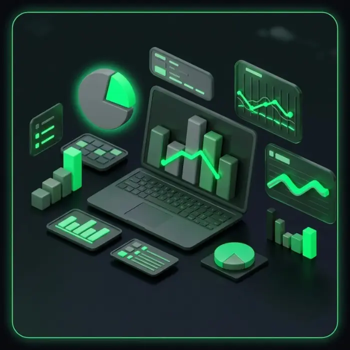 DigitalProviders data analytics dashboard with 3D SEO charts and laptop in neon green theme.